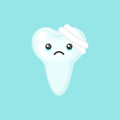 Broken tooth with emotional face, cute colorful vector icon illustration. Cartoon flat isolated image