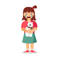 Sad little kid girl holding bear doll crying loud in flat design on white background.