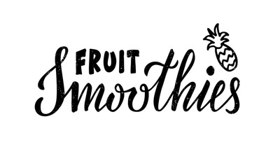 Vector illustration of fruit smoothies lettering for banner, poster, signage, business card, product, menu design. Handwritten creative calligraphic text for digital use or print
