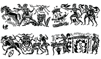 Large collection of Greek songs on a white background. Black silhouettes of the Greek heroes. Tattoos on a thematic topic.