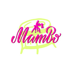 Vector illustration of mambo isolated lettering with a cuica icon for banner, poster, business card, dancing club advertisement, signage design. Creative handwritten text for the internet or print
