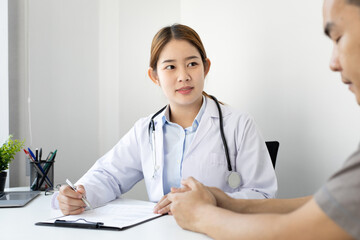 Doctor is currently diagnosing the disease and giving advice to psychiatric patients, Checking the history and medical conditions in a clinic or hospital, Health care counseling.