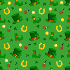 St. Patrick's day seamless pattern. Holiday print with green lucky clover or shamrock clover, horseshoe, leprechaun hat, shoe, pipe. Flat design cartoon style vector patrick endless texture for Irish.
