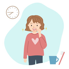 a girl brushes her teeth in the morning, morning routine , preparation for school, vector illustration
