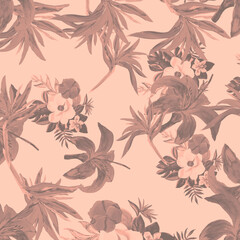Fototapeta premium Coral Pattern Vintage. Pink Tropical Background. Gray Floral Exotic. Watercolor Art. Summer Leaves. Garden Design. Spring Painting. Drawing Design.