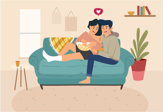 Young couple cuddling in sofa, illustration concept.