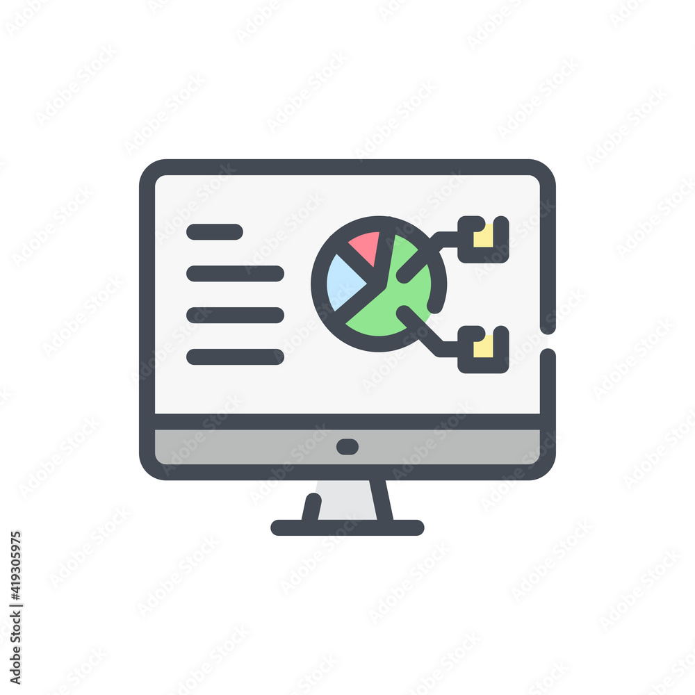 Poster computer with statistics report color line icon. online graph, chart and analytics vector outline co