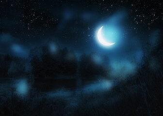 Fototapeta na wymiar Crescent moon above river