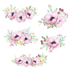 Set of watercolor bouquets of flowers of pink anemones