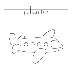 Tracing letters with cartoon plane. Writing practice.