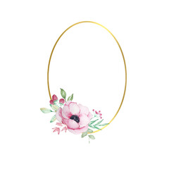 Watercolor Easter wreath with golden oval. Anemones flowers, leaves, branches