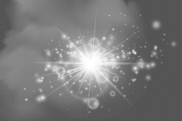 Glow isolated white transparent light effect set, lens flare, explosion, glitter, line, sun flash, spark and stars. Abstract special effect element design. Shine ray with lightning