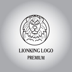 Golden round lion head logo template design in outline style. Vector illustration.