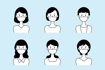 Fototapeta premium マスクをして怒った表情の女性のベクターイラストセット