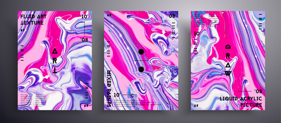 Abstract liquid placard, fluid art vector texture set. Beautiful background that can be used for design cover, poster, brochure and etc. Pink, lavender and white universal trendy painting backdrop