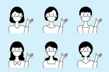 マスクをして説明する女性のベクターイラストセット