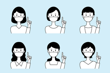 マスクをして指差しする女性のベクターイラストセット