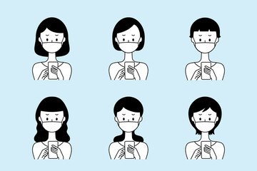 不安な表情でスマートフォンを操作するマスクをした女性のベクターイラストセット