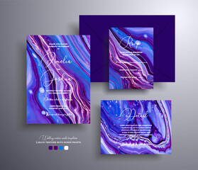 Set of acrylic wedding invitations with stone texture. Agate vector cards with marble effect and swirling paints, purple, blue and navy blue colors. Designed for greeting cards, packaging and etc