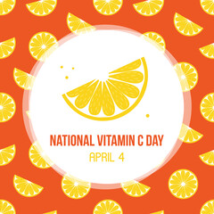 National Vitamin C Day card, illustration with lemon slice and vector pattern background.

