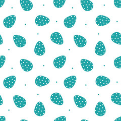 Cute and simple cartoon turquoise decorated Easter eggs and dots vector seamless pattern background.