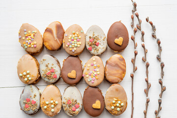 homemade easter spring chocolate egg cookies decorated with sprinkels 
