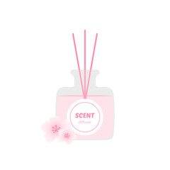 Scent diffuser, aromatherapy oil diffuser bottle with wooden sticks and pink flowers vector icon, illustration.
