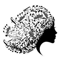 Obraz premium Beautiful woman profile silhouette with music hair, vector young female face design, beauty girl head with styled musical notes hair, fashion lady graphic portrait.