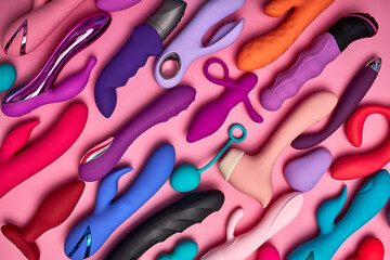 Silicone Dildos Lying On Pink Paper Background, Sex Toys For Women Used For Pleasure And Spending Romantic Time, Sex Shop Concept.