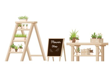 Flower shop wooden furniture, store equipment with shelving ladder, desk and advertising board isolated on white background in cartoon style. Retail decoration element, flowerpot, fresh, green plants