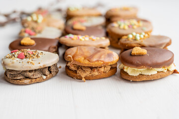 homemade easter spring chocolate egg cookies decorated with sprinkels 