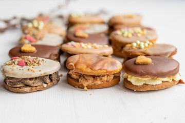 homemade easter spring chocolate egg cookies decorated with sprinkels 