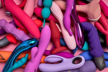 Dildo, vibrator, sex shop, toys for adults lie in heap, smart devices accessories used for female pleasure and orgasm stimulation