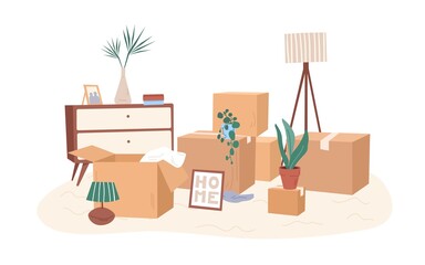 Room with packed cardboard boxes with personal stuff, plants, home decoration and furniture. Relocation concept. Colored flat vector illustration of belongings in packages isolated on white background