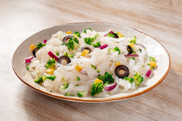 Konjac pasta with vegetables, a healthy vegan low-calorie meal