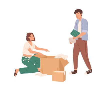 Happy young couple of man and woman packing things in cardboard boxes together. Relocation concept. Colored flat cartoon vector illustration of family with packages isolated on white background