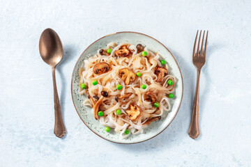 Konjac pasta with mushrooms, shot from the top
