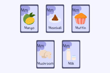 Colorful alphabet flashcard Letter M - mango, meatball, muffin, mushroom, milk. Food themed cards for teaching reading with foods, vegetables, fruits and nuts. Series of ABC.