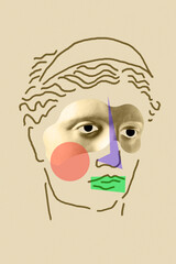 Collage with sculpture of human face in a pop art style. Modern creative concept image with ancient statue head. Zine culture. Contemporary art poster. Funky punk minimalism. Retro surreal design.