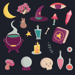 Magic witch set for concept design. Cartoon vector illustration. Mystery elements. Witchcraft supply asset.