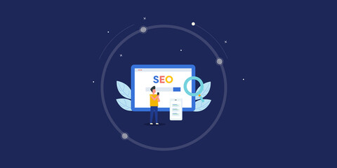 Fototapeta premium Mobile SEO. Search engine optimization abstract concept. User enjoying mobile search result. SEO text written on tablet screen with search bar. Flat design vector illustration seo.