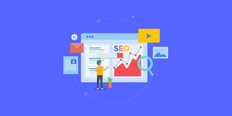 Seo analytics expert, big data business intelligence and analytics seo software, marketing analytics, seo kpi metrics concept. Flat design web banner template.