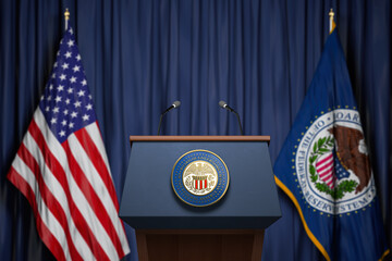 Federal Reserve System Fed of USA chairman press conference concept. Tribune with symbol and flag of FRS and United States. - obrazy, fototapety, plakaty