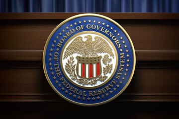 Federal Reserve System Fed sign and symbol on tribune in press conference hall. - obrazy, fototapety, plakaty