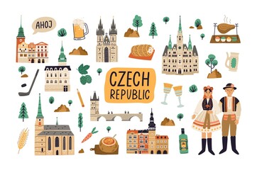 Set of landmarks, buildings, food and drinks of Czech republic. Old architecture, famous palaces, churches, bridges and castles. Colored flat cartoon vector illustration isolated on white background - obrazy, fototapety, plakaty