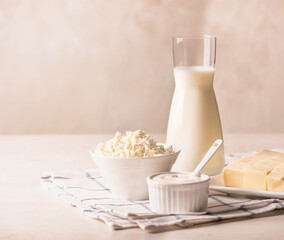 fresh Cottage Cheese In Bowl on a light background.
