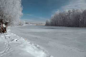 landscape snowy forest and river