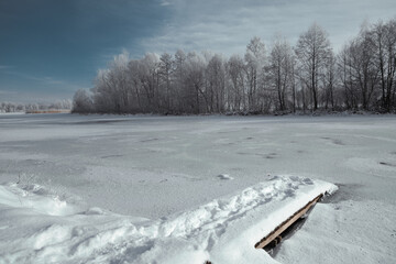 landscape snowy forest and river