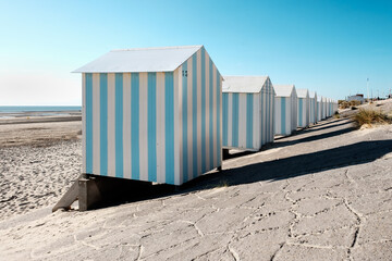 Obraz na płótnie Canvas Striped beach cabins in Hardelot, France.