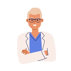 Portrait of pharmacist in eyewear and medical coat. Avatar of smiling health worker in uniform. Colored flat cartoon vector illustration of young medic specialist isolated on white background